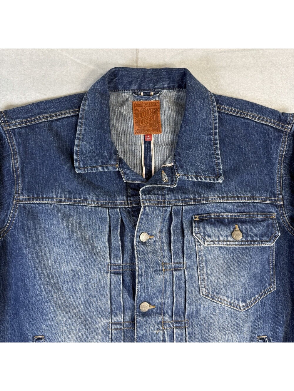 Lucky Brand Legend Selvedge Denim Trucker Jacket Mens Large Blue Buckle Back - Picture 2 of 9